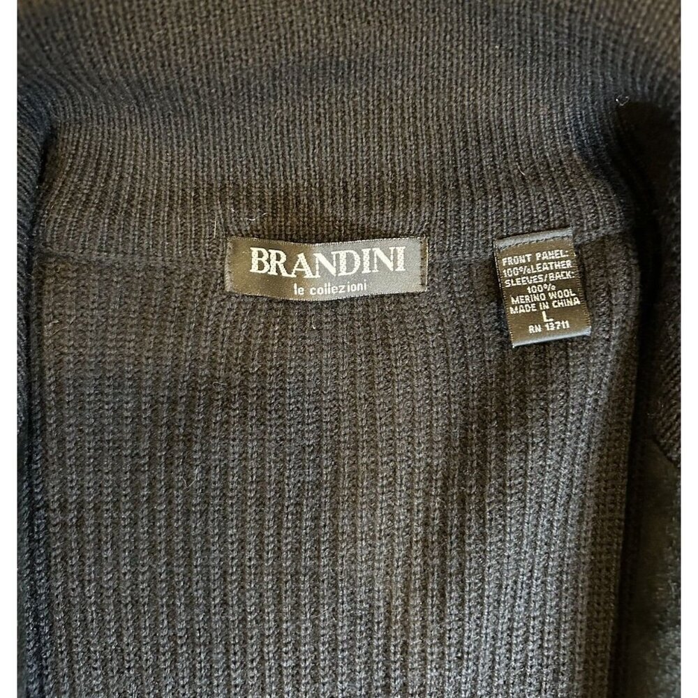 Brandini Black Suede Leather Merino Wool Full Zip Sweater Jacket Mens Size Large - Picture 5 of 8